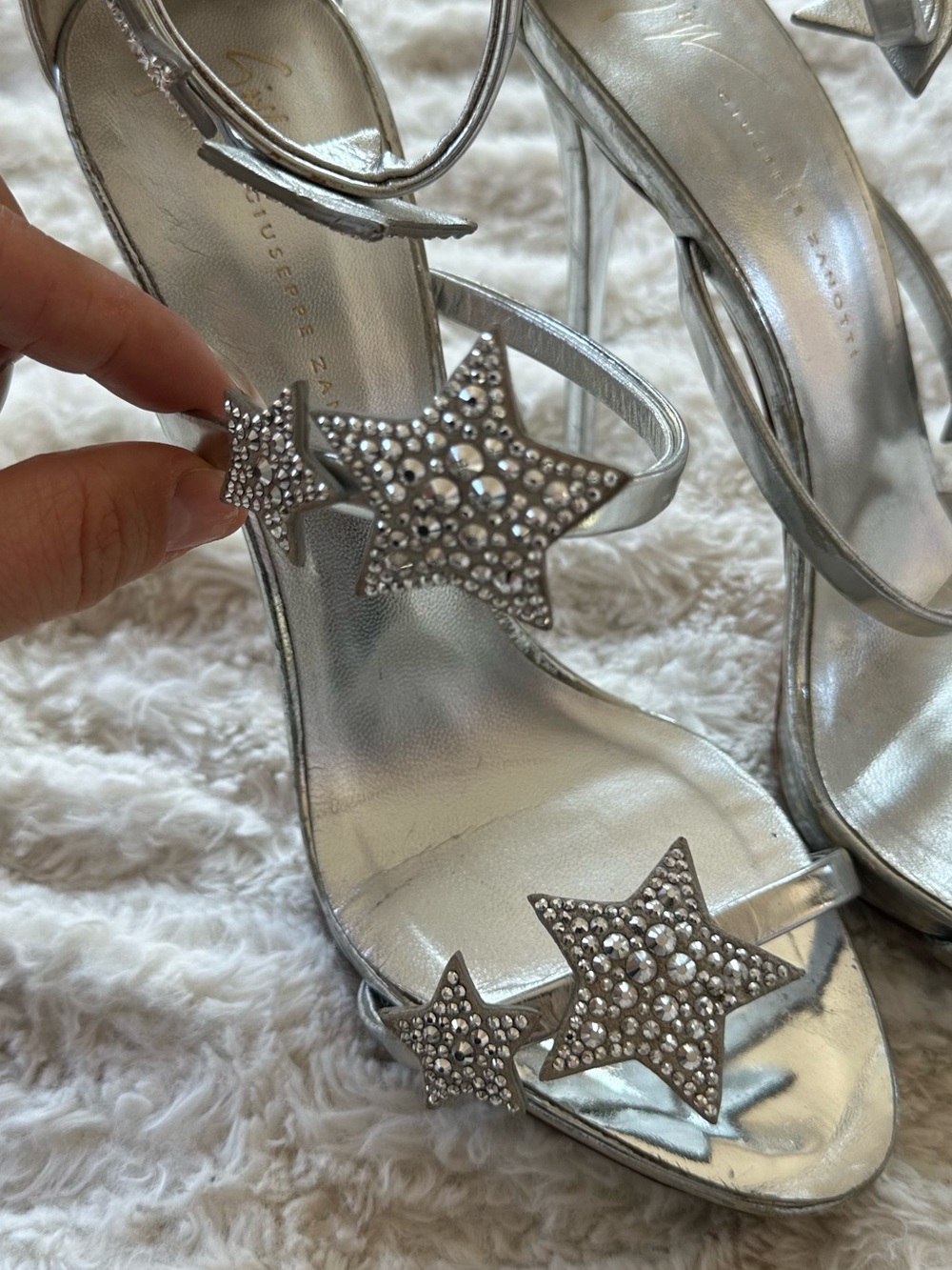 Giuseppe Zanotti Leather Sandal Heels Silver Star Embellished